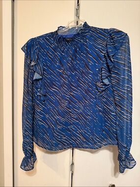 Steve Madden Blue Wave-Print Ruffle Blouse